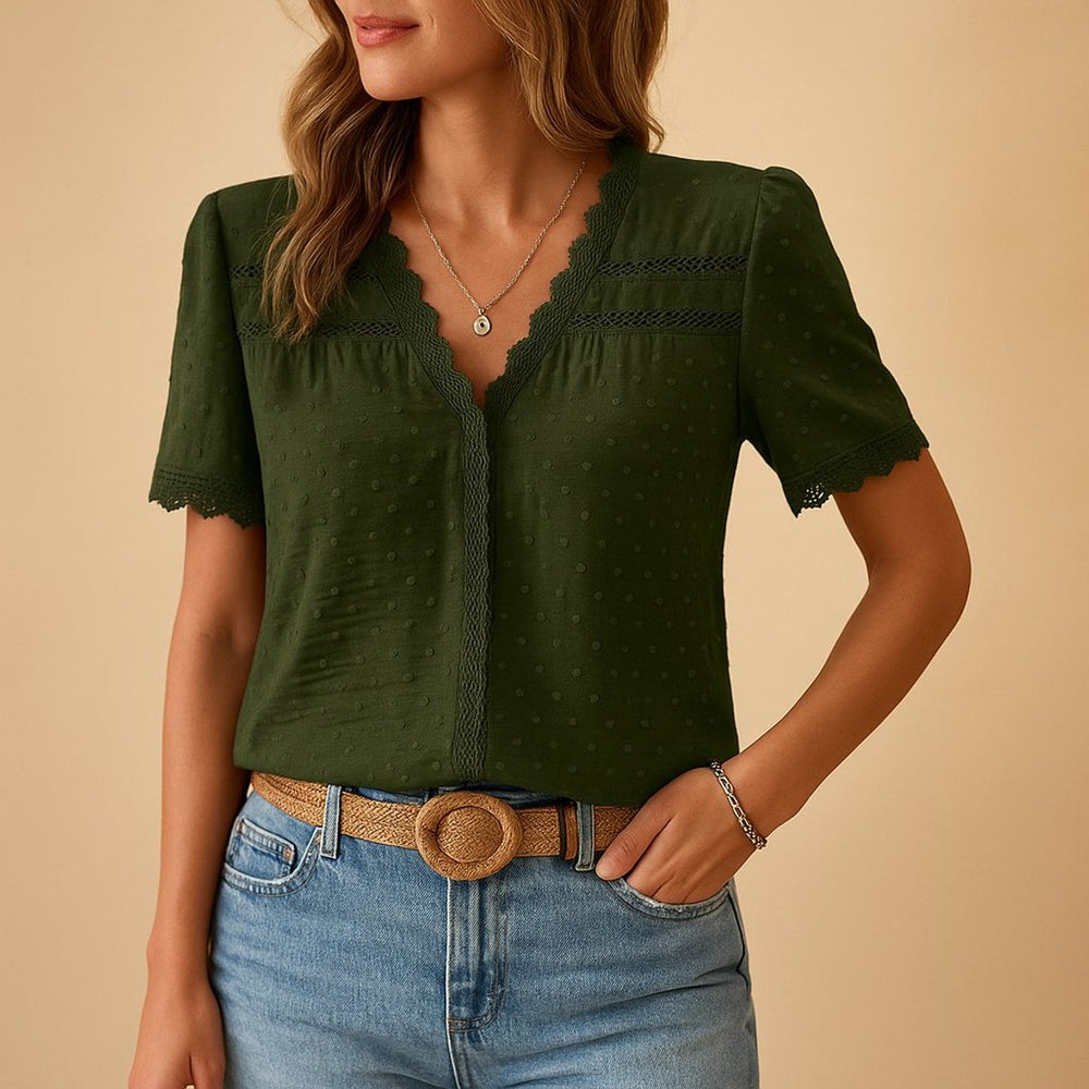 Women's Lace Trim Swiss Dot V-Neck Blouse Elegant Feminine Top 1