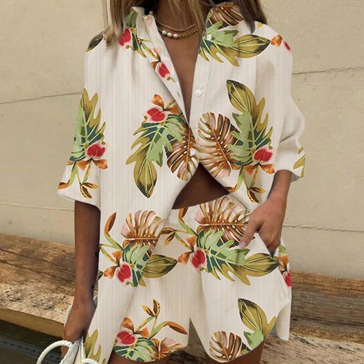 Women's Leaf Print Two Piece Set - Casual Blouse and Shorts Outfit for Summer Style 0