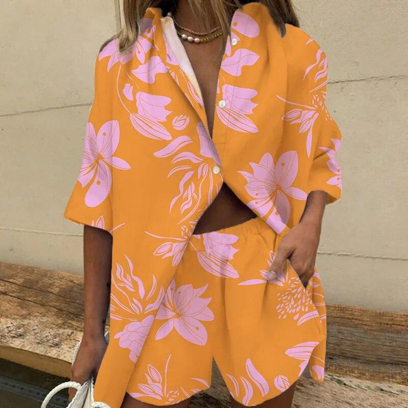 Women's Leaf Print Two Piece Set - Casual Blouse and Shorts Outfit for Summer Style 1