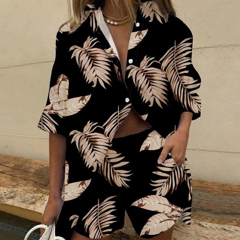 Women's Leaf Print Two Piece Set - Casual Blouse and Shorts Outfit for Summer Style 2