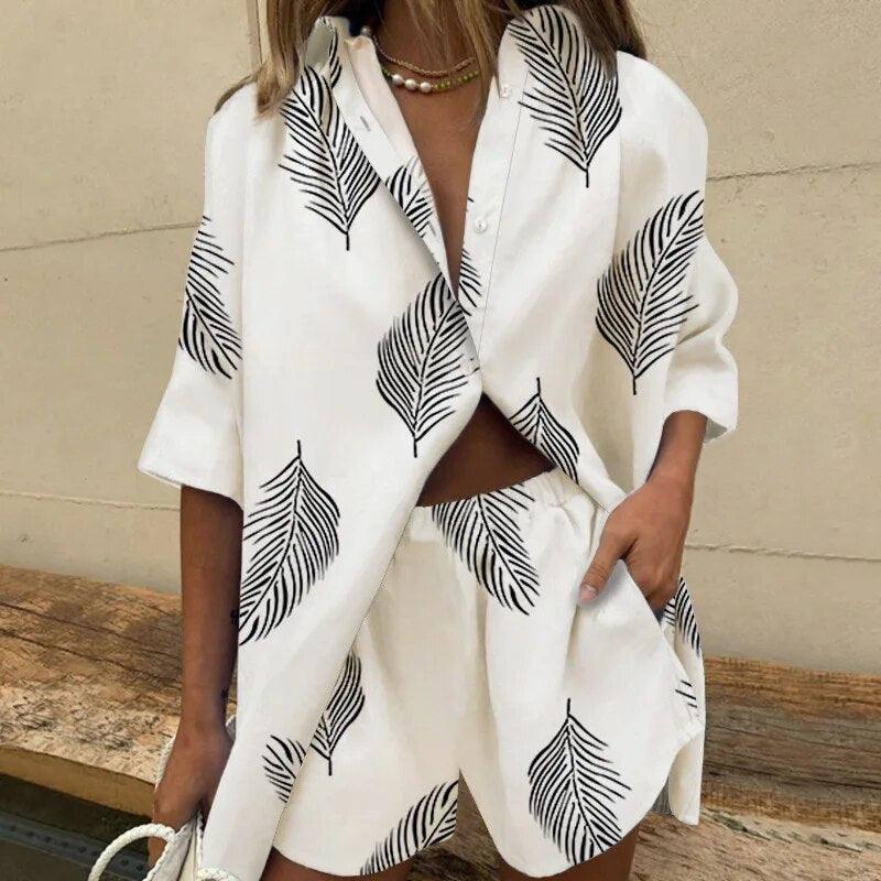 Women's Leaf Print Two Piece Set - Casual Blouse and Shorts Outfit for Summer Style 3