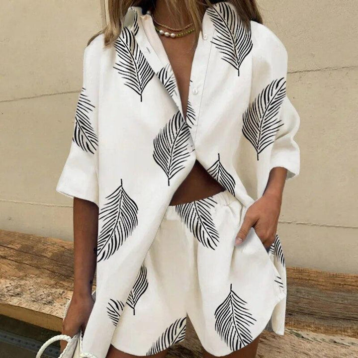 Women's Leaf Print Two Piece Set - Casual Blouse and Shorts Outfit for Summer Style 3