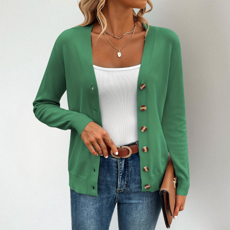 Women's Lightweight V-Neck Cardigan with Side Slits and Button Detail 0