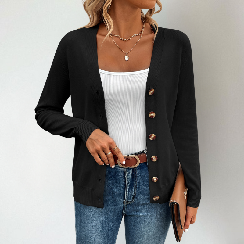 Women's Lightweight V-Neck Cardigan with Side Slits and Button Detail 1