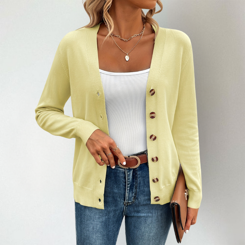 Women's Lightweight V-Neck Cardigan with Side Slits and Button Detail 2