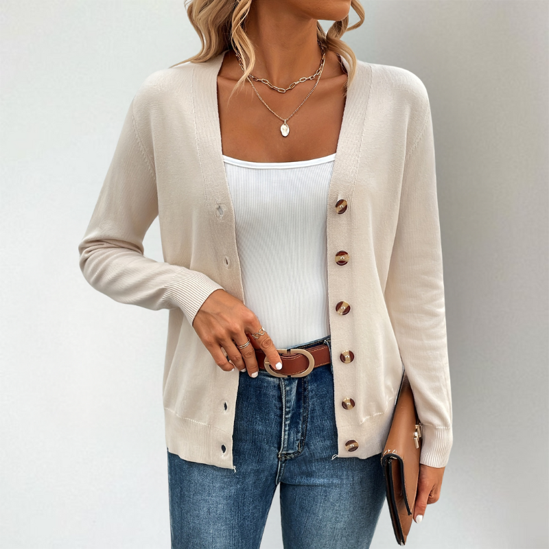 Women's Lightweight V-Neck Cardigan with Side Slits and Button Detail 3