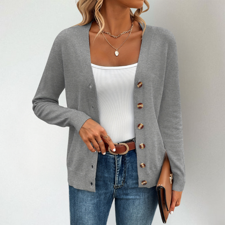 Women's Lightweight V-Neck Cardigan with Side Slits and Button Detail 4