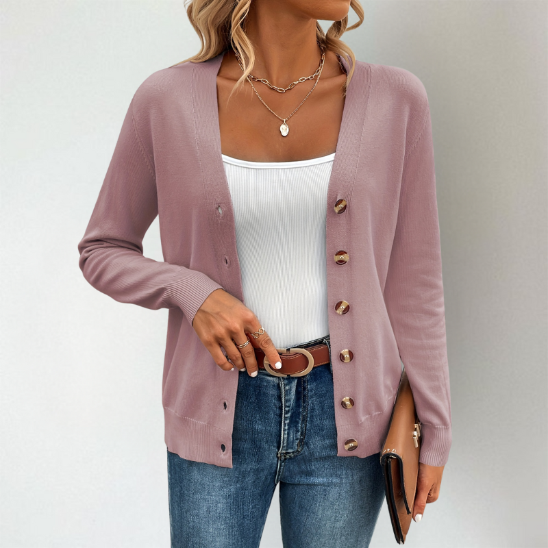 Women's Lightweight V-Neck Cardigan with Side Slits and Button Detail 5