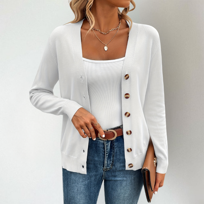 Women's Lightweight V-Neck Cardigan with Side Slits and Button Detail 6