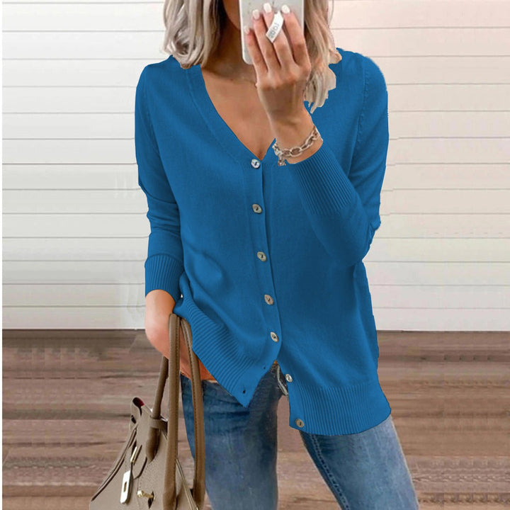 Women's Long Cardigan - V-Neck Button-Up Black Cardigan for Casual and Elegant Wear 0