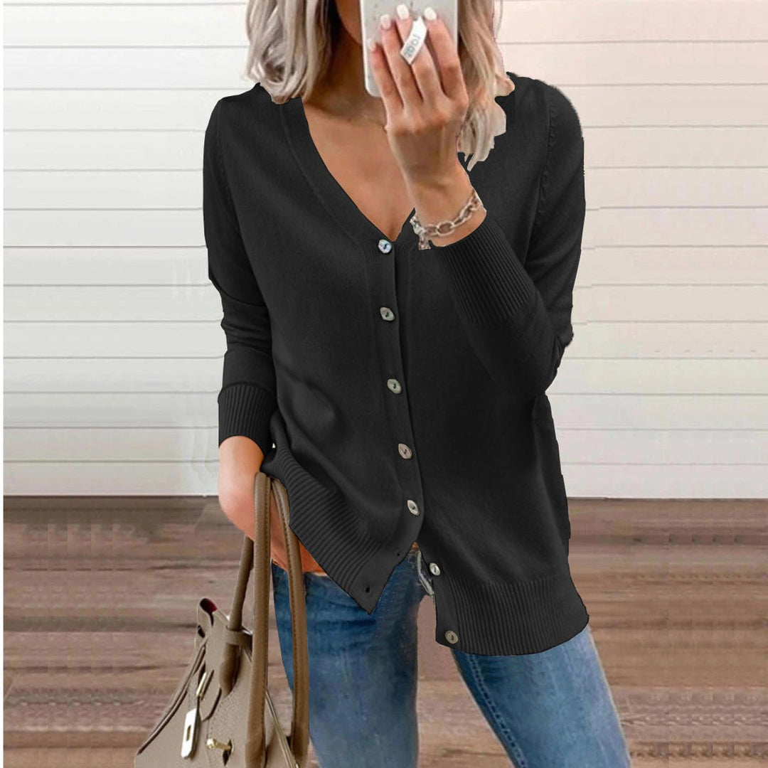 Women's Long Cardigan - V-Neck Button-Up Black Cardigan for Casual and Elegant Wear 6