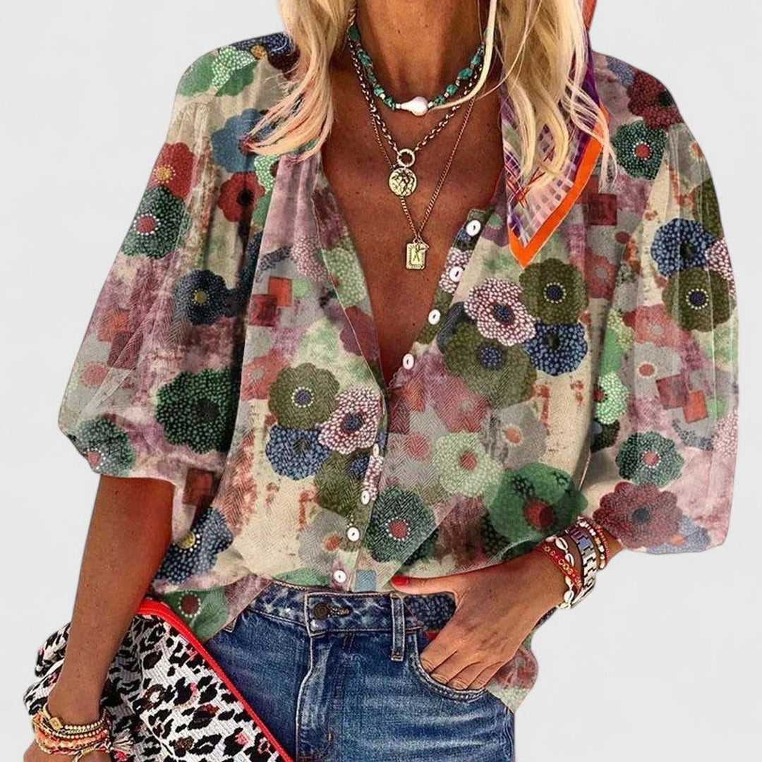 Women's Long Sleeve Blouse, Floral V-Neck Top, Relaxed Fit Casual Office Wear 0