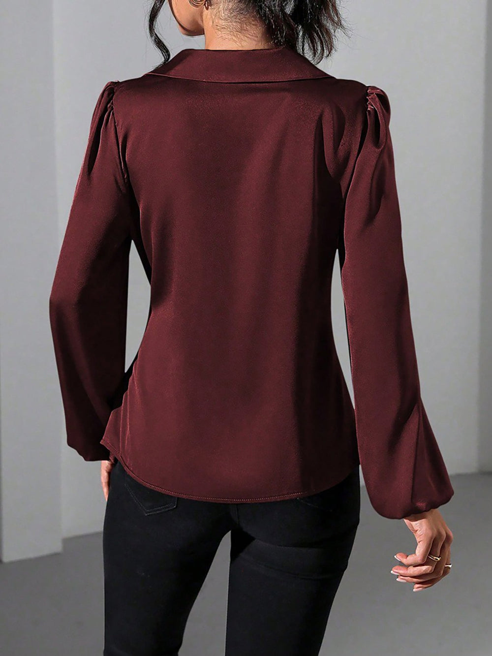 Women's Long Sleeve Blouse with Adjustable Wrap Tie - Elegant Satin Top for Chic Style 1