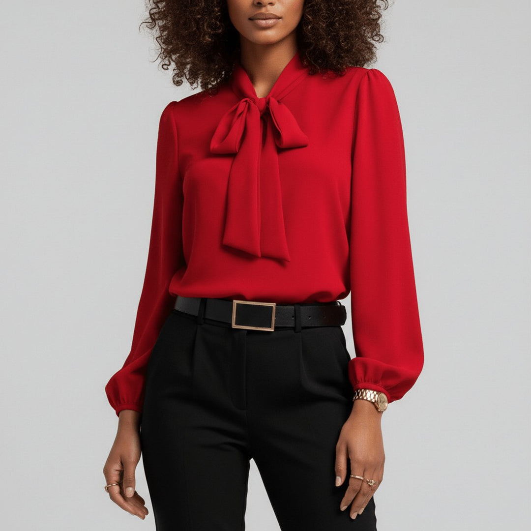 Women's Long Sleeve Blouse with Bow Collar - Relaxed Fit Office Top for Elegant Style 0