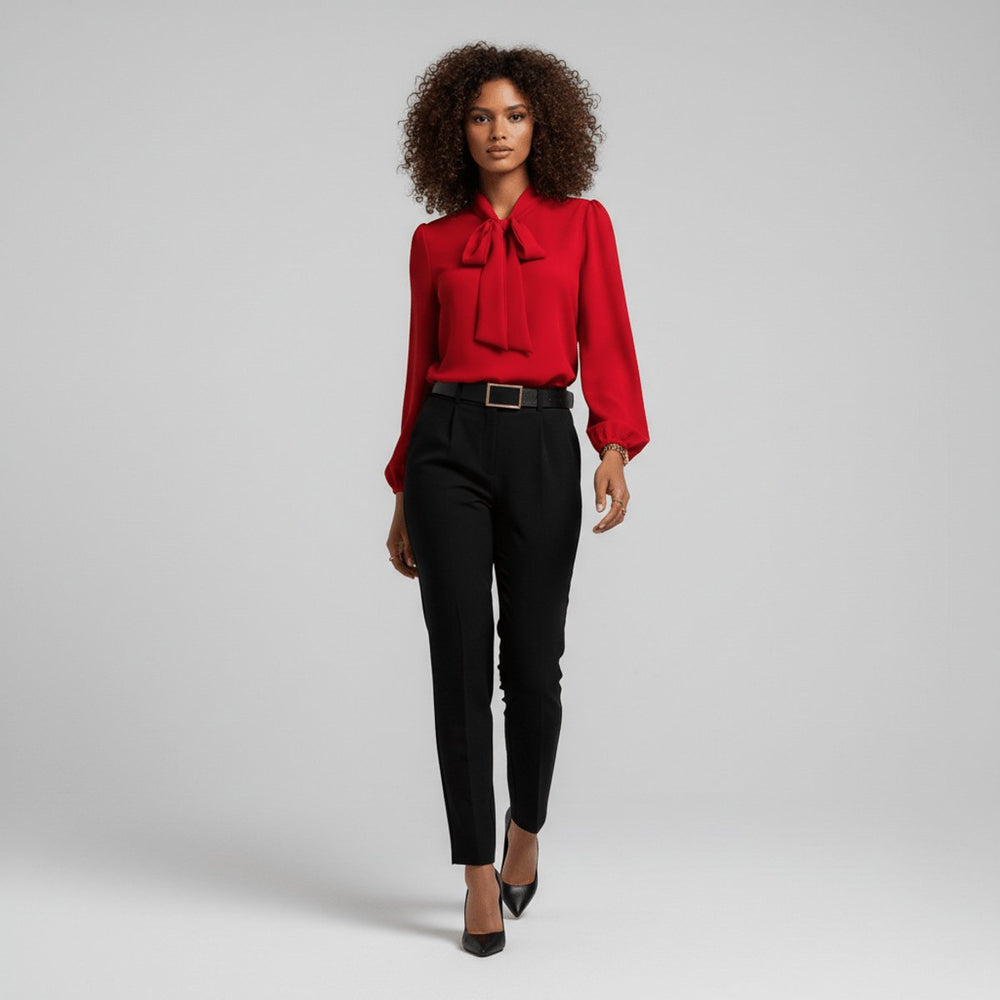 Women's Long Sleeve Blouse with Bow Collar - Relaxed Fit Office Top for Elegant Style 1