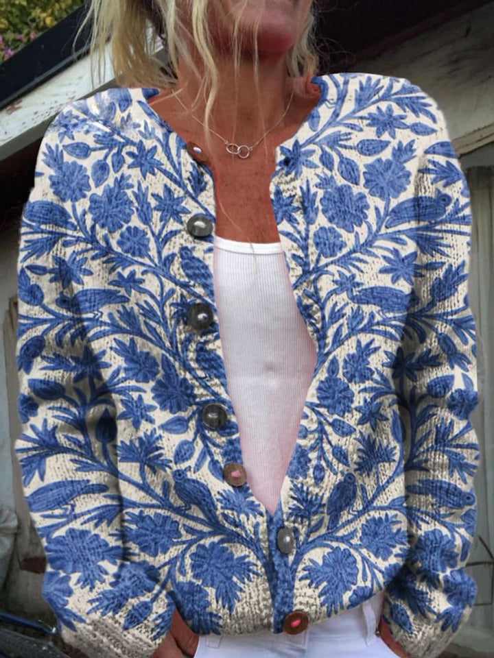 Women's Long Sleeve Floral Pattern Knitted Cardigan Relaxed Fit Layering Sweater 0