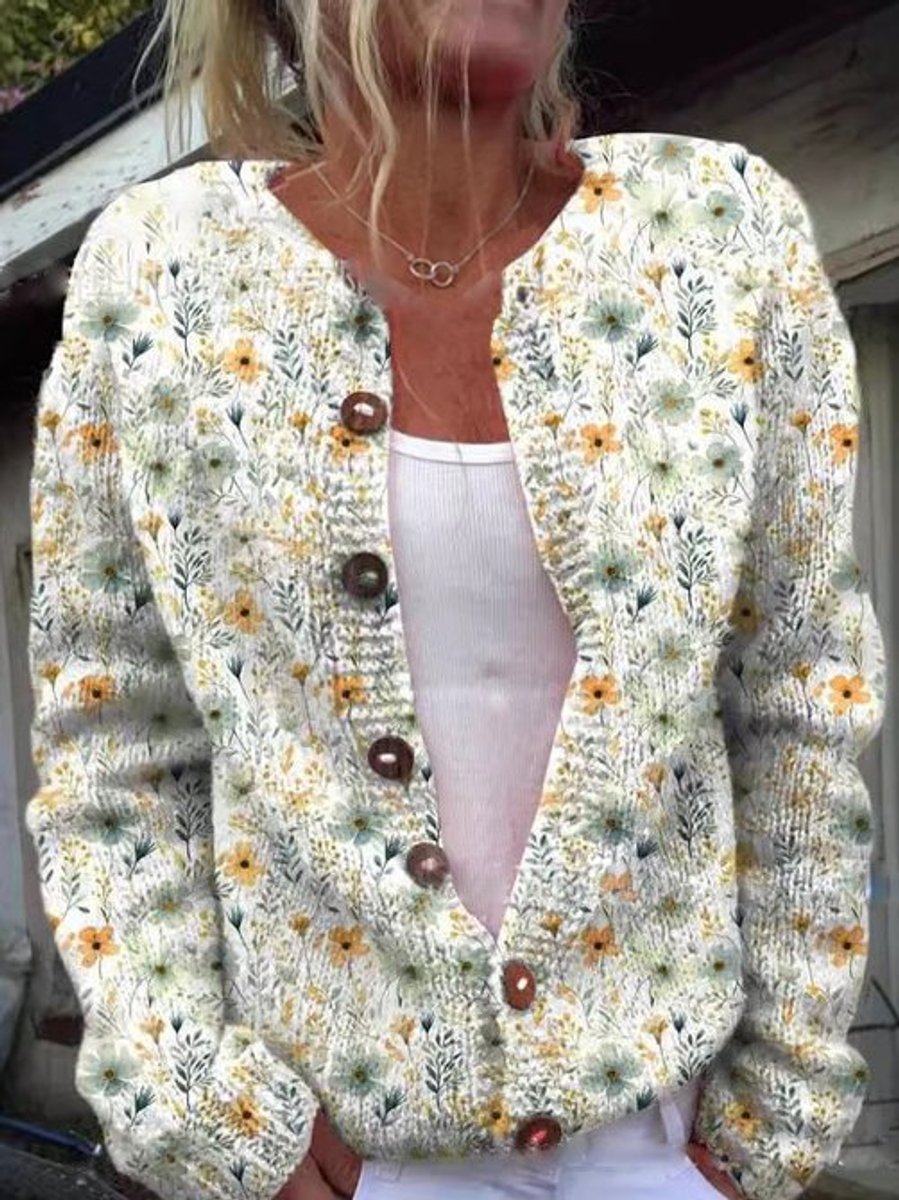 Women's Long Sleeve Floral Pattern Knitted Cardigan Relaxed Fit Layering Sweater 1