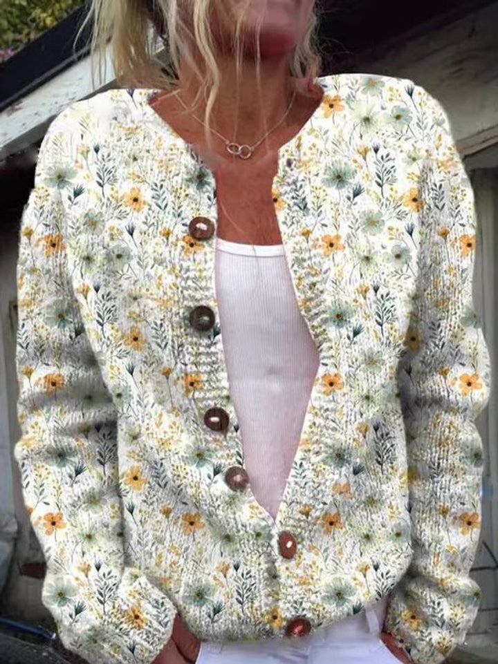Women's Long Sleeve Floral Pattern Knitted Cardigan Relaxed Fit Layering Sweater 1
