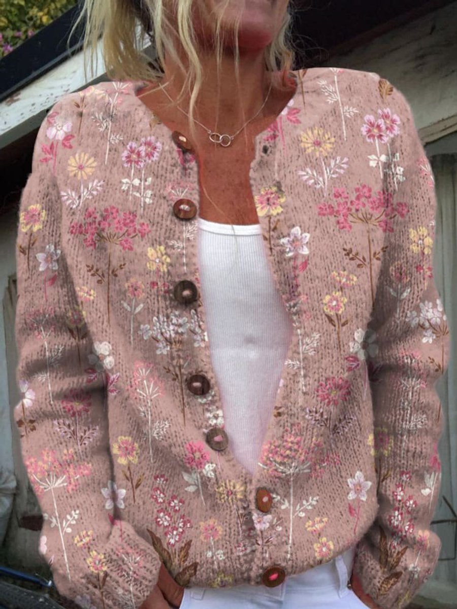 Women's Long Sleeve Floral Pattern Knitted Cardigan Relaxed Fit Layering Sweater 2