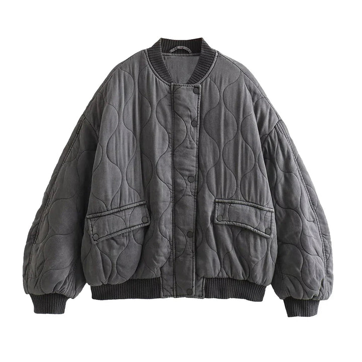Women's Loose Fit Gray Bomber Jacket Casual Lightweight Outerwear 3