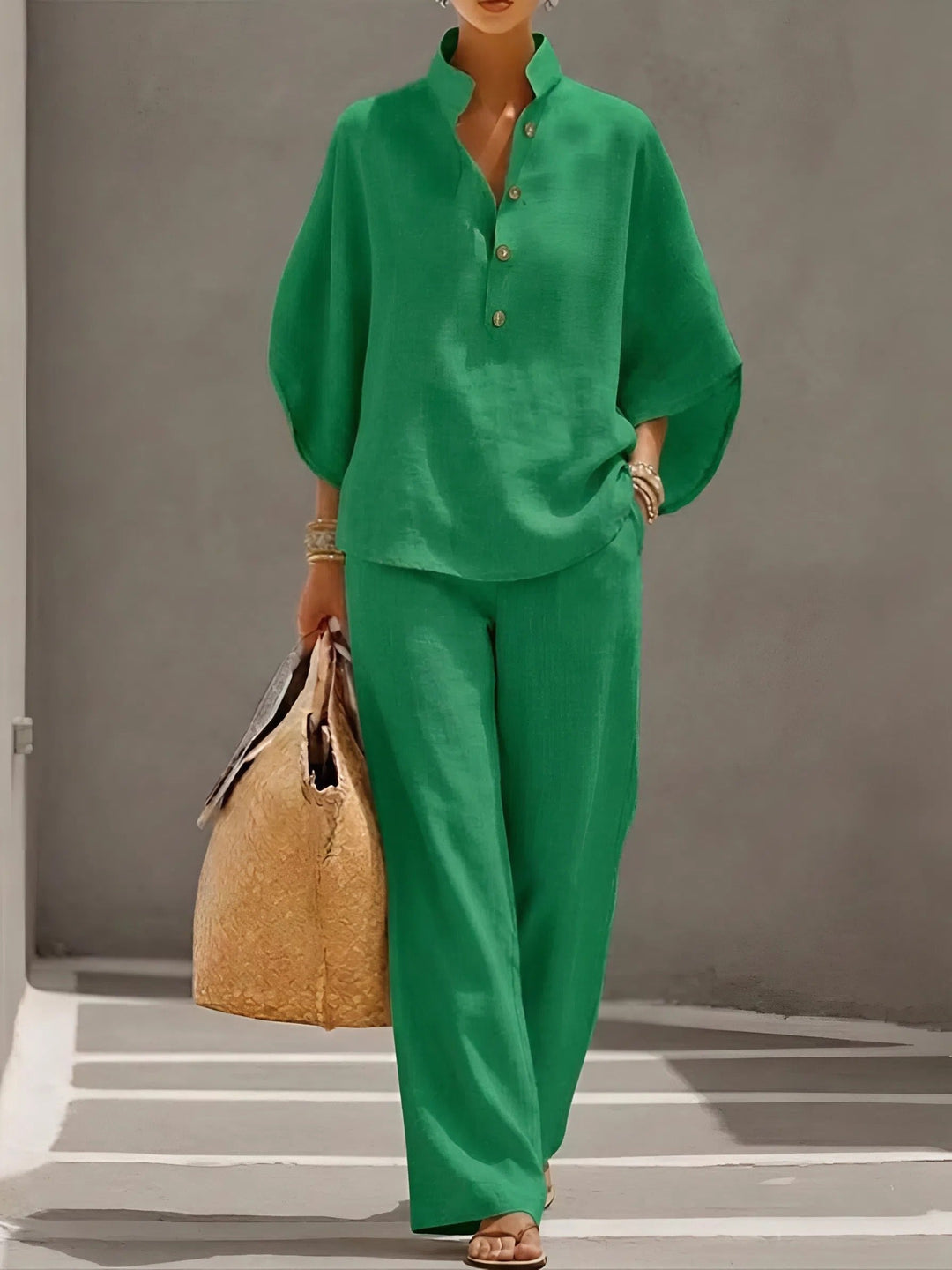 Women’s Mandarin Collar Two-Piece Set with Wide-Leg Trousers for Summer 2