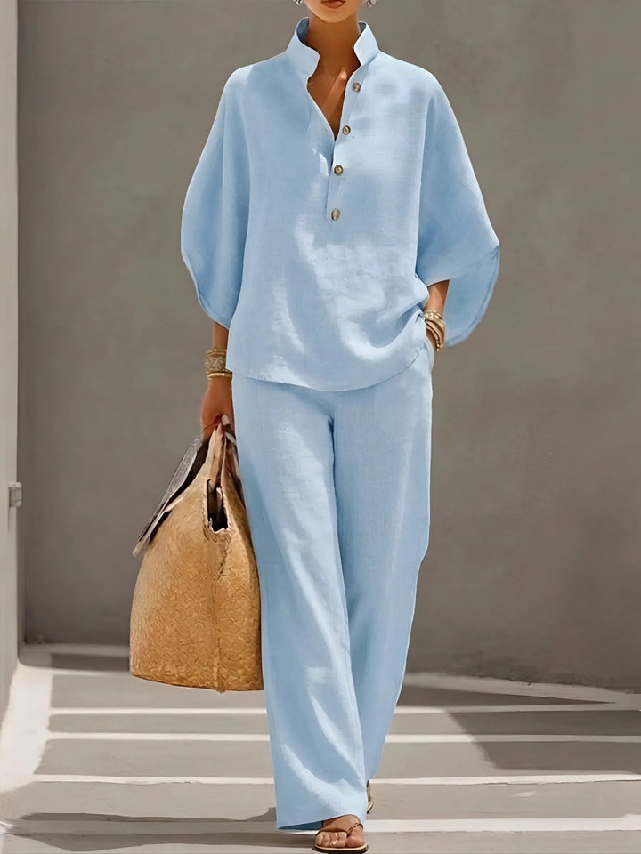 Women’s Mandarin Collar Two-Piece Set with Wide-Leg Trousers for Summer 3