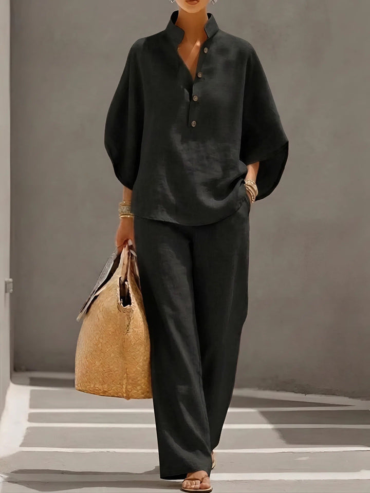 Women’s Mandarin Collar Two-Piece Set with Wide-Leg Trousers for Summer 4