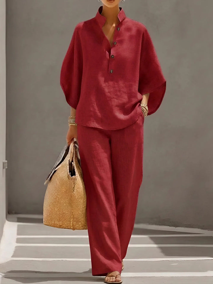 Women’s Mandarin Collar Two-Piece Set with Wide-Leg Trousers for Summer 5