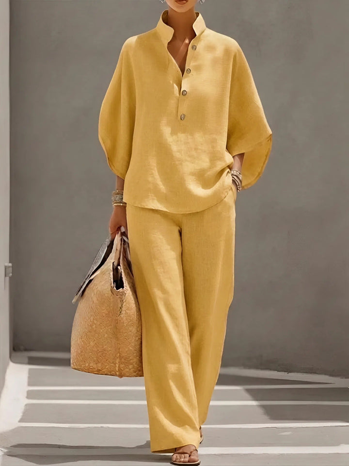 Women’s Mandarin Collar Two-Piece Set with Wide-Leg Trousers for Summer 6