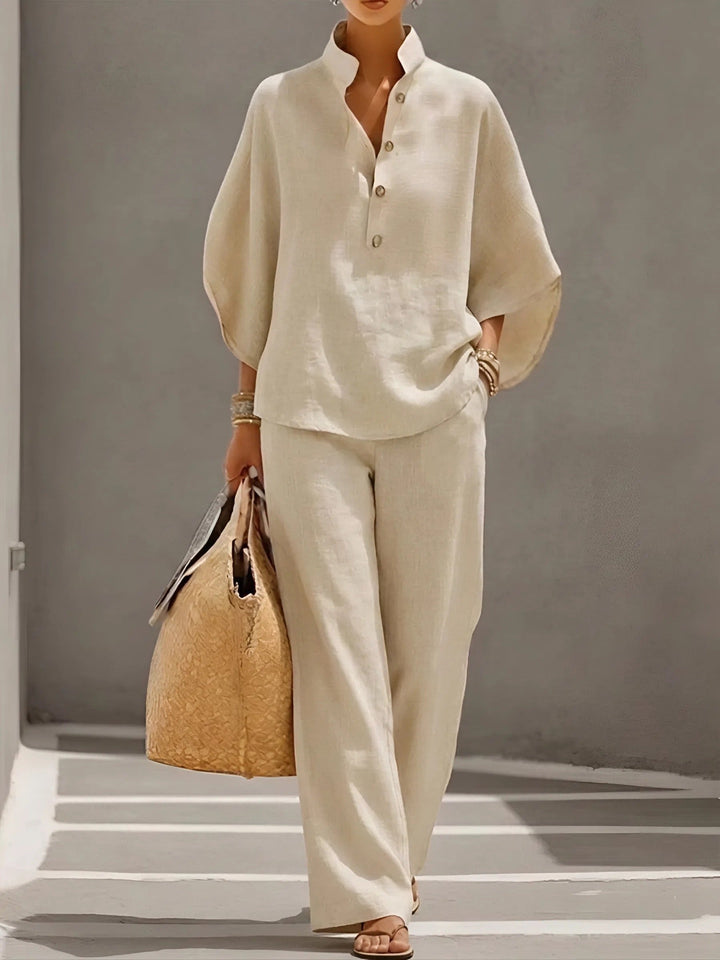 Women’s Mandarin Collar Two-Piece Set with Wide-Leg Trousers for Summer 8