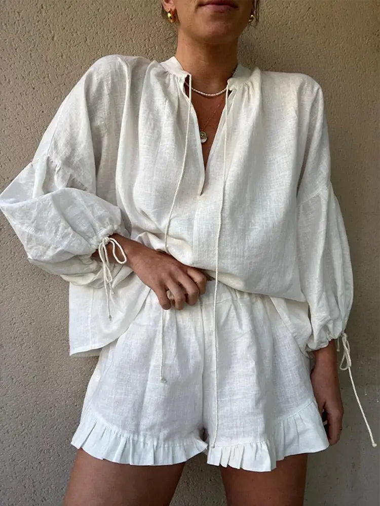 Women's Outfit - Elegant V-Neck Top and Ruffle Shorts Set - Casual Chic Summer Clothing 0