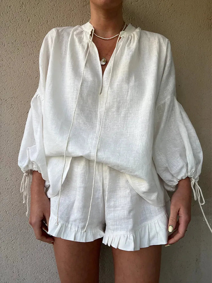 Women's Outfit - Elegant V-Neck Top and Ruffle Shorts Set - Casual Chic Summer Clothing 2
