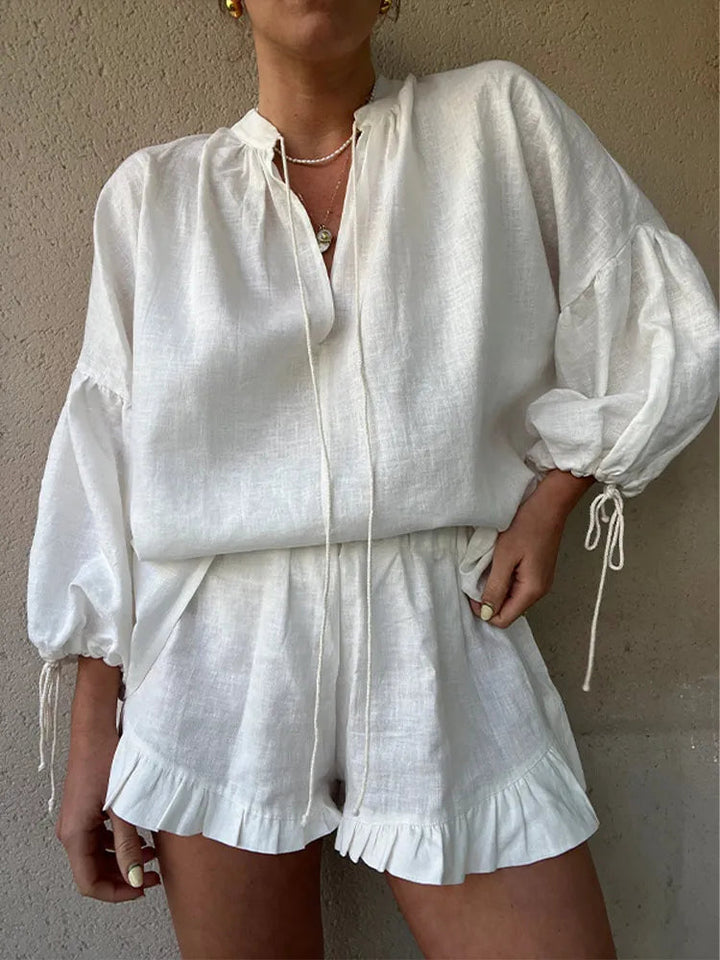 Women's Outfit - Elegant V-Neck Top and Ruffle Shorts Set - Casual Chic Summer Clothing 3