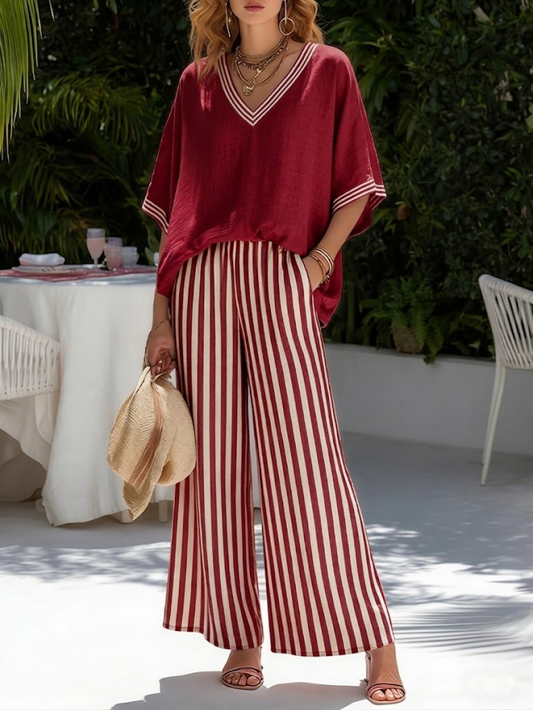 Women's Outfit: Striped V-Neck Top and Wide Leg Pants Set for Summer Casual Wear 0