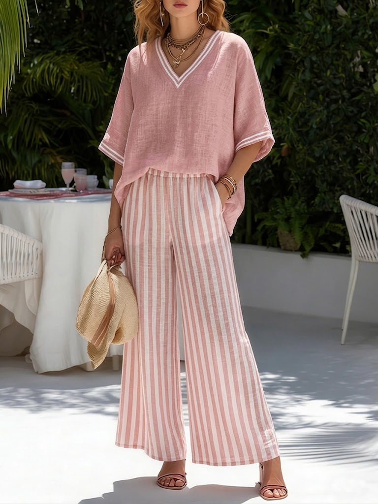 Women's Outfit: Striped V-Neck Top and Wide Leg Pants Set for Summer Casual Wear 1