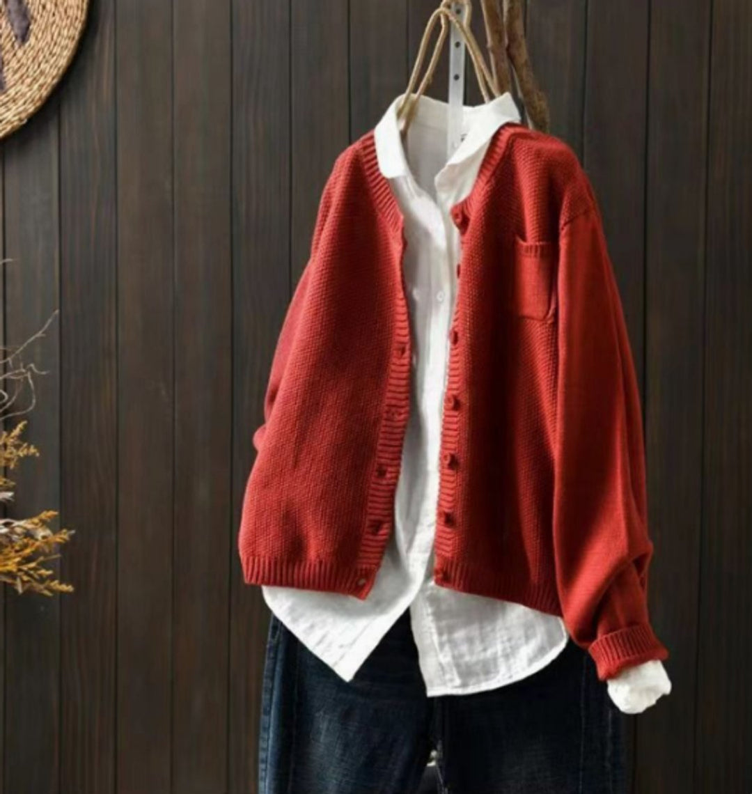 Women's Oversize Knitted Cardigan with Button Placket and Chest Pocket 0