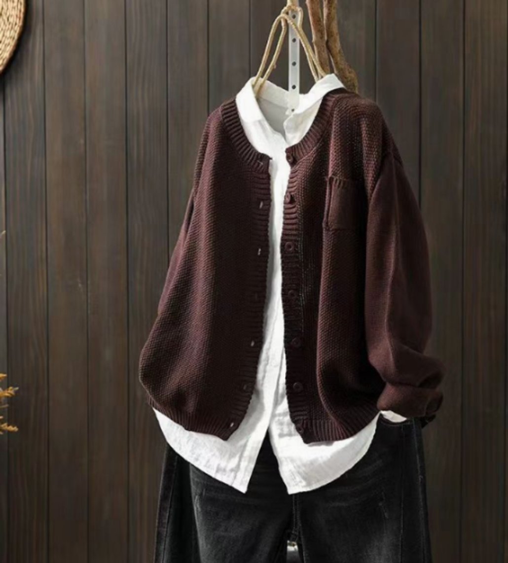 Women's Oversize Knitted Cardigan with Button Placket and Chest Pocket 1