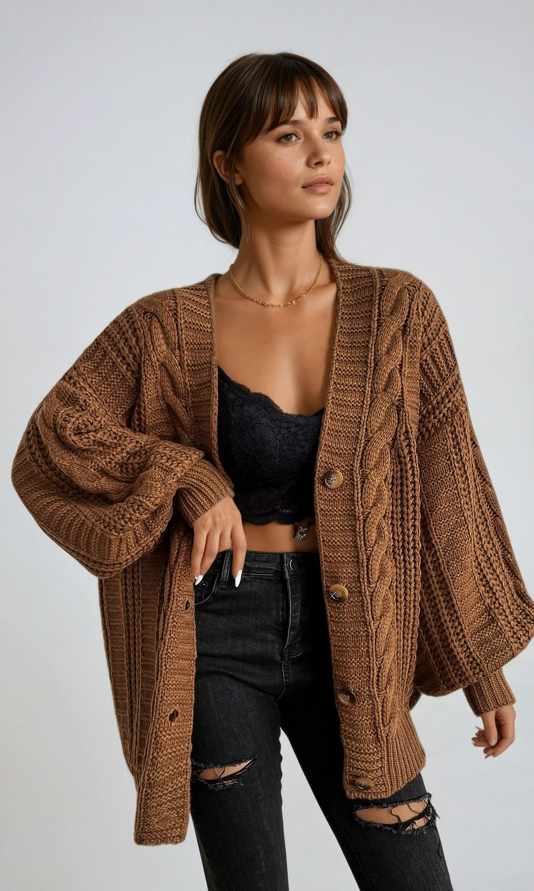 Women's Oversized Black Cardigan - Cozy Cable Knit Layering Sweater for Effortless Style 0