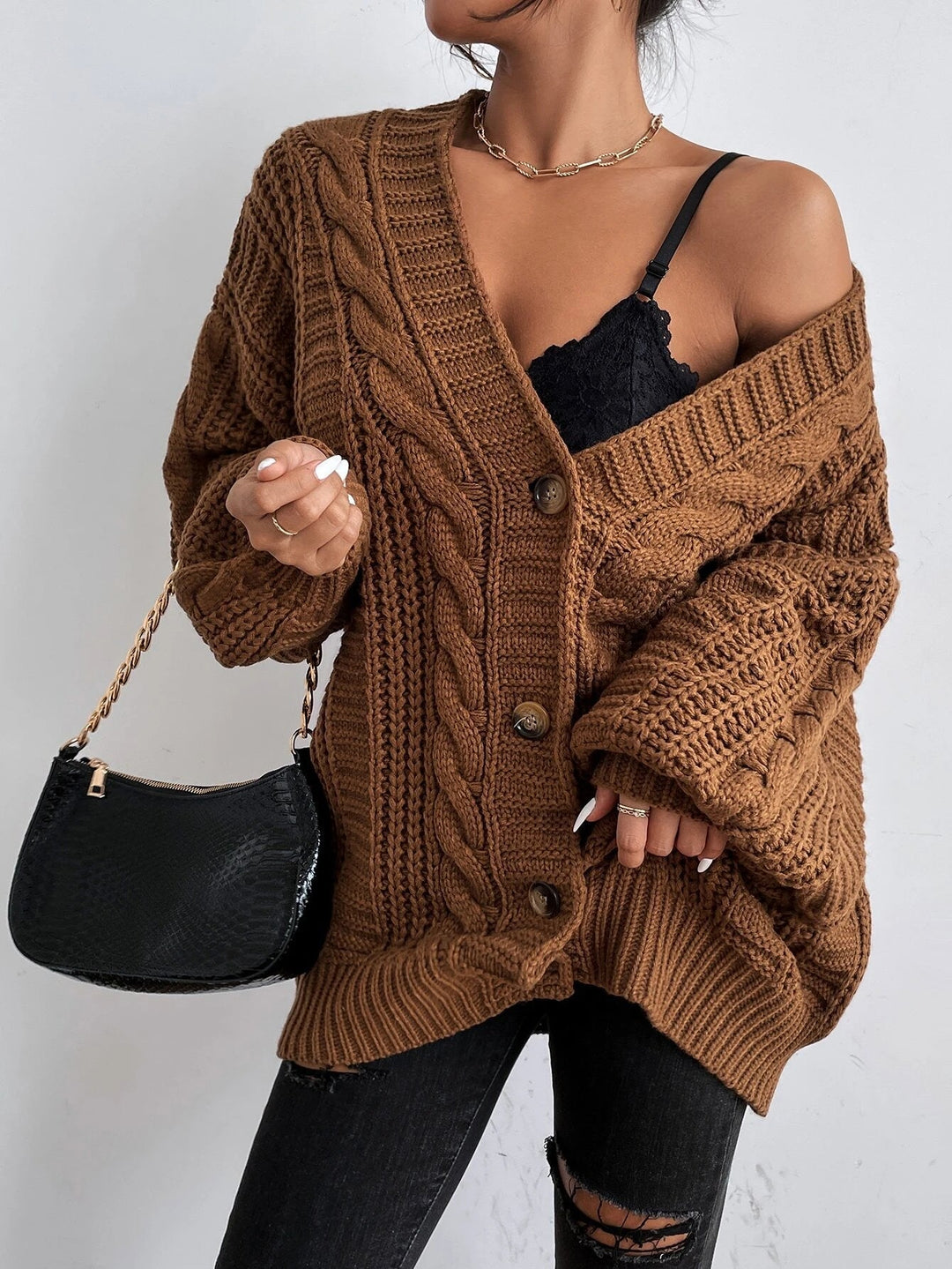 Women's Oversized Black Cardigan - Cozy Cable Knit Layering Sweater for Effortless Style 3