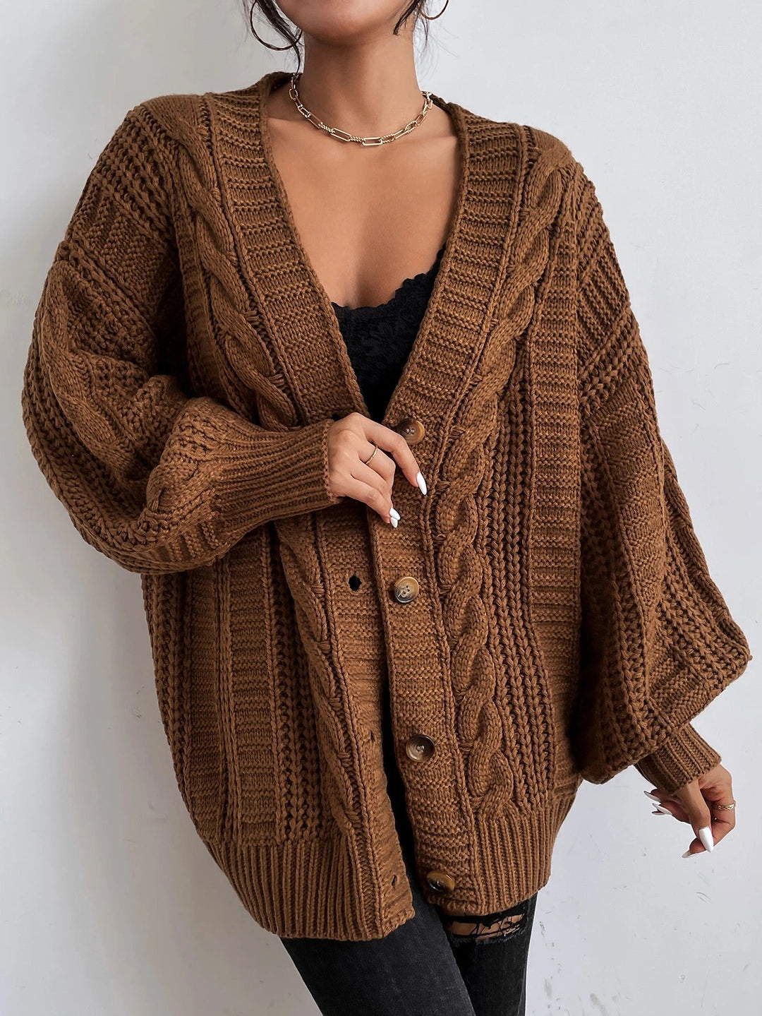 Women's Oversized Black Cardigan - Cozy Cable Knit Layering Sweater for Effortless Style 4