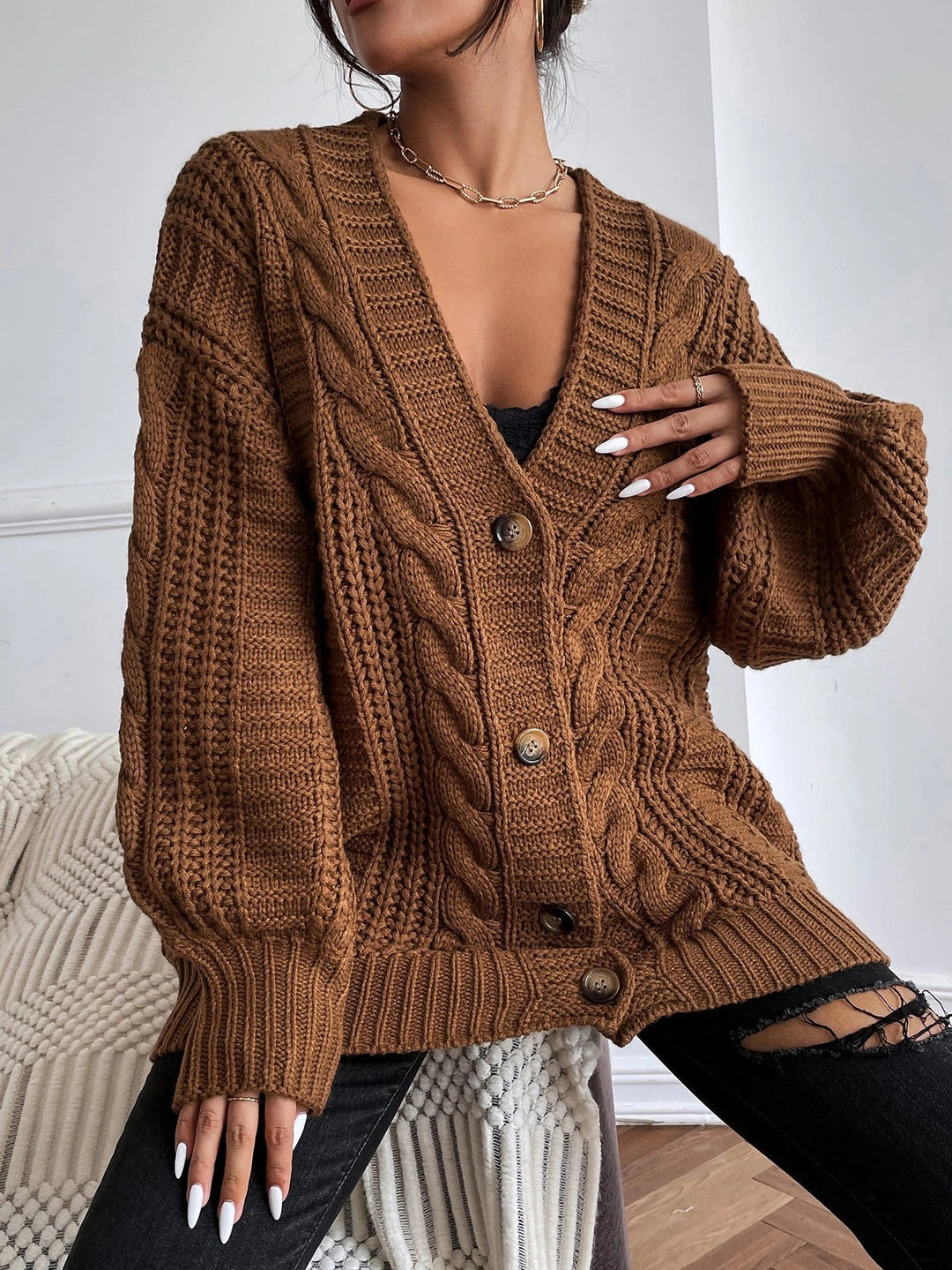 Women's Oversized Black Cardigan - Cozy Cable Knit Layering Sweater for Effortless Style 5