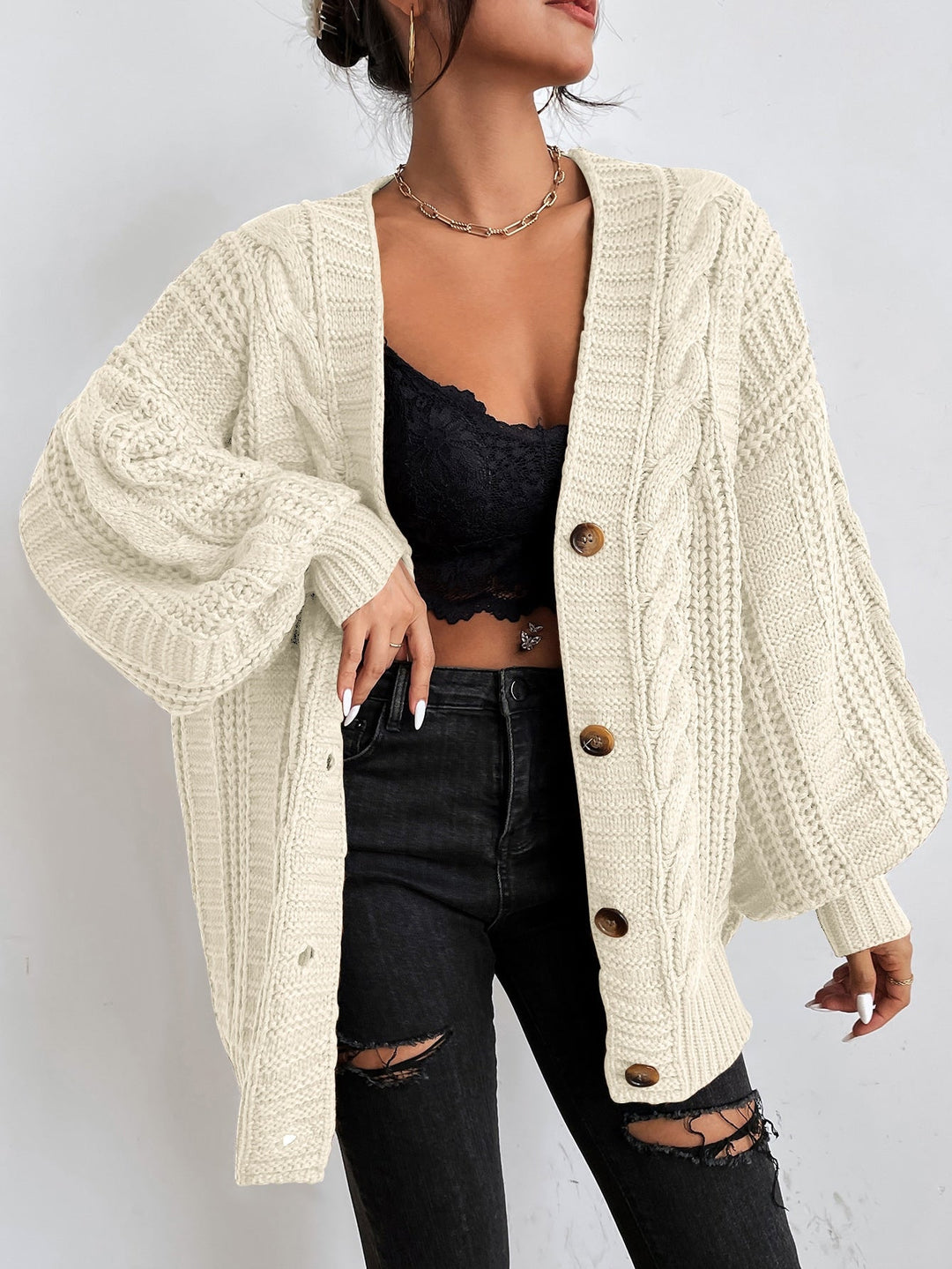 Women's Oversized Black Cardigan - Cozy Cable Knit Layering Sweater for Effortless Style 6