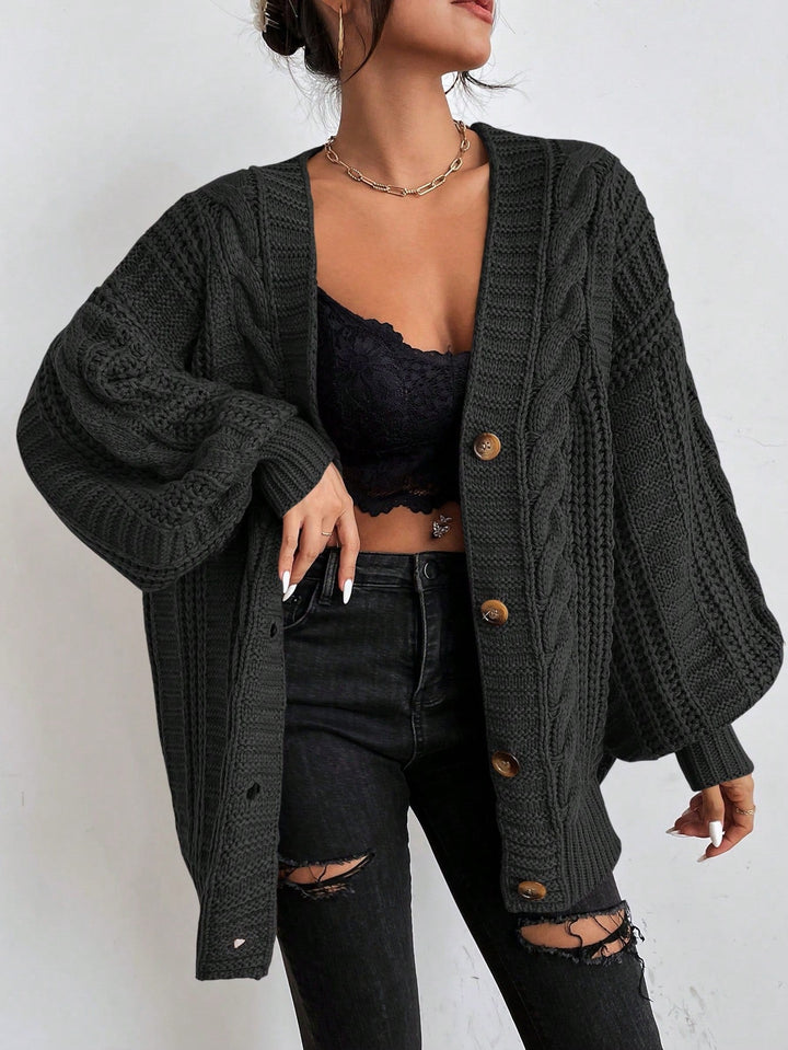 Women's Oversized Black Cardigan - Cozy Cable Knit Layering Sweater for Effortless Style 7