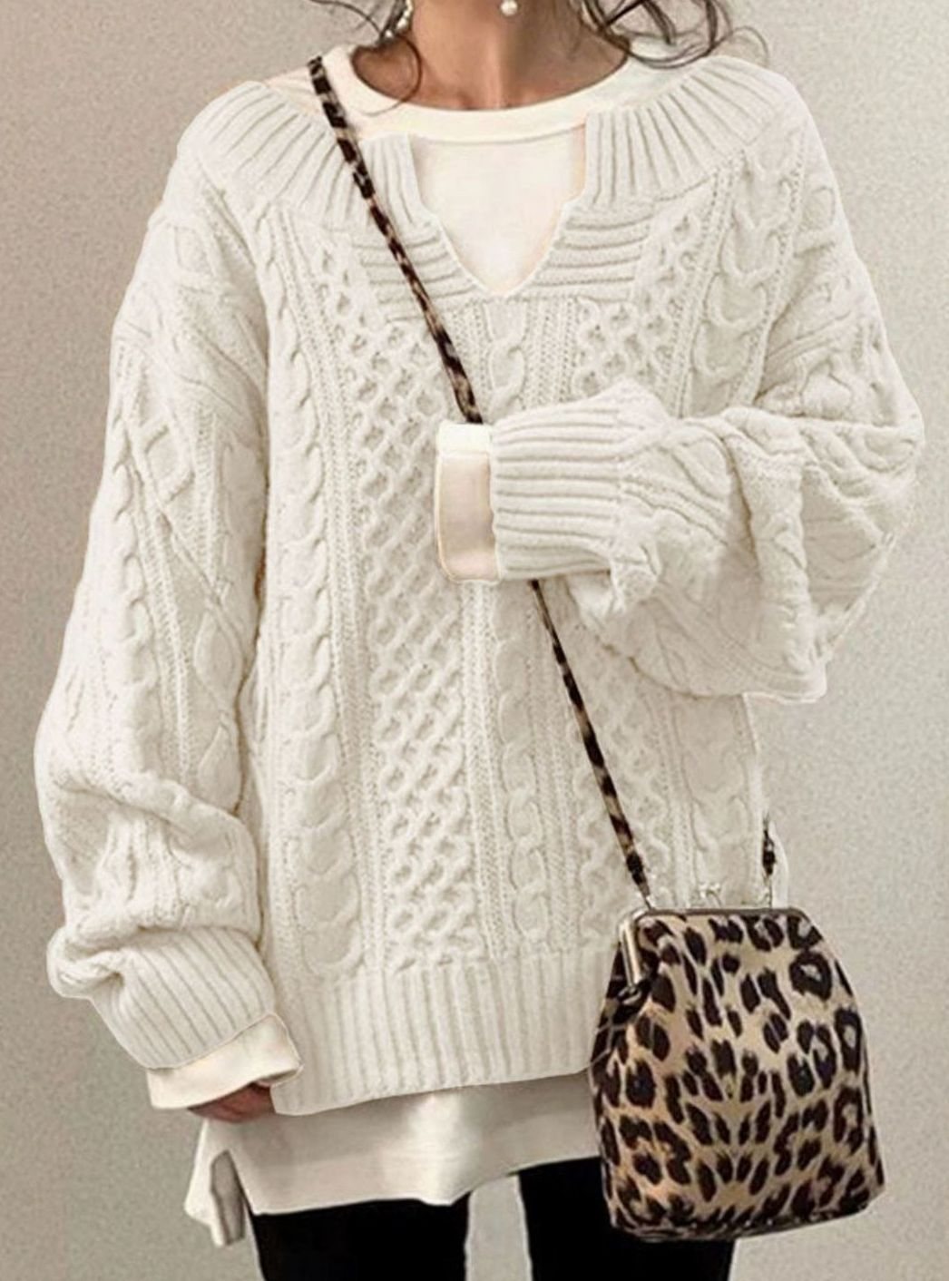 Women's Oversized Sweater V-Neck Cable Knit Long Sleeve Jumper for Winter Casual Style 1