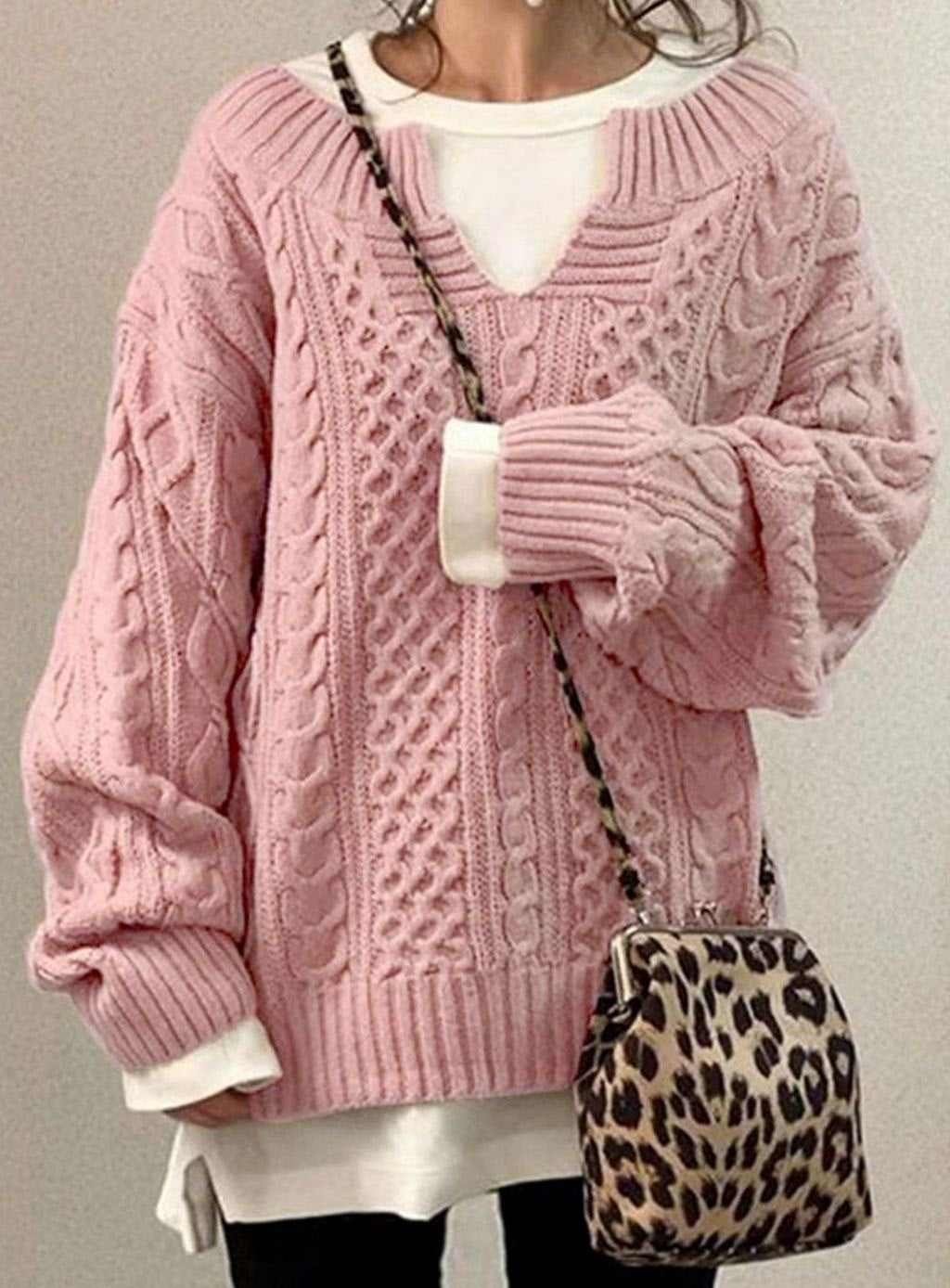 Women's Oversized Sweater V-Neck Cable Knit Long Sleeve Jumper for Winter Casual Style 3