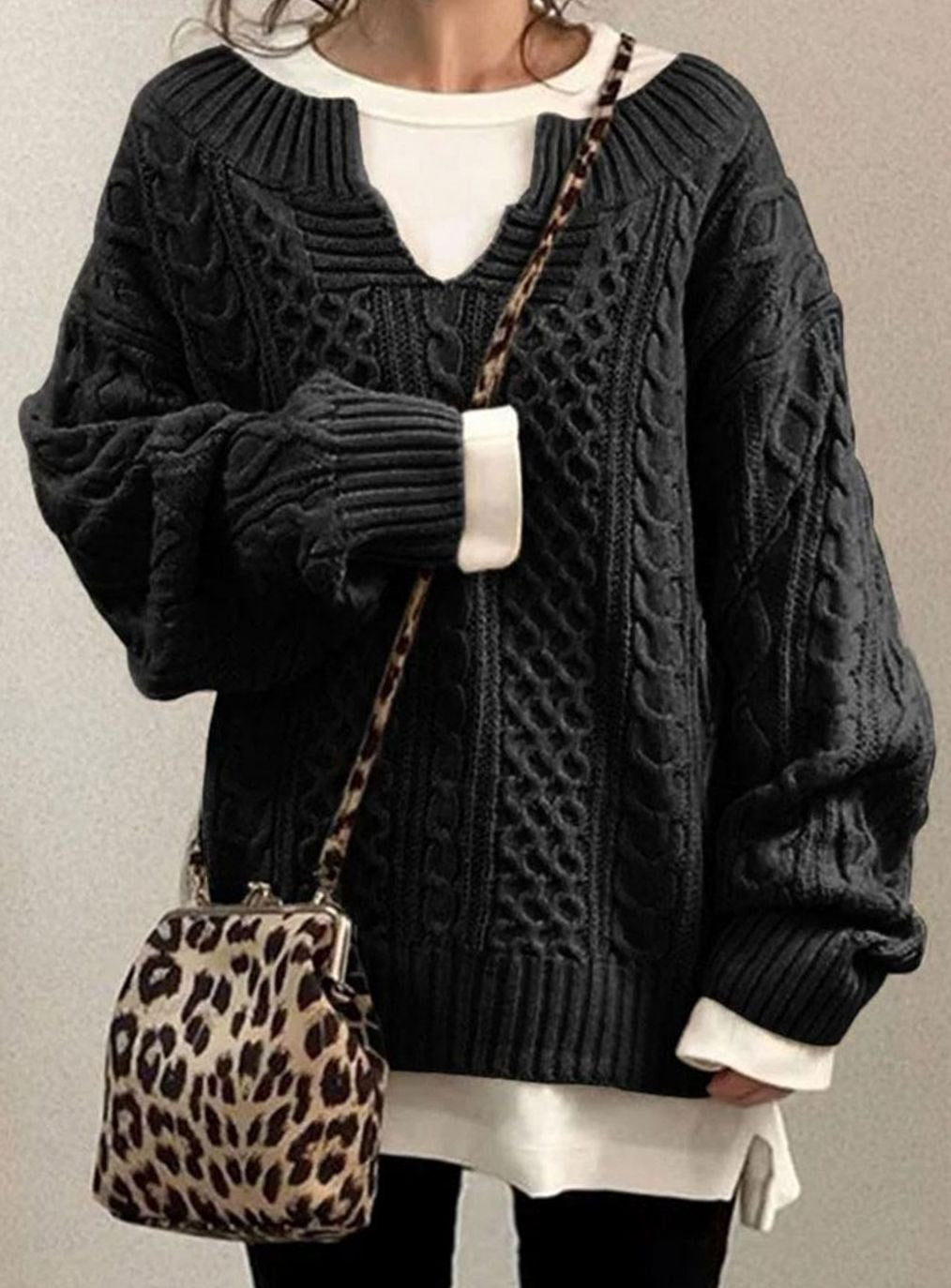 Women's Oversized Sweater V-Neck Cable Knit Long Sleeve Jumper for Winter Casual Style 4