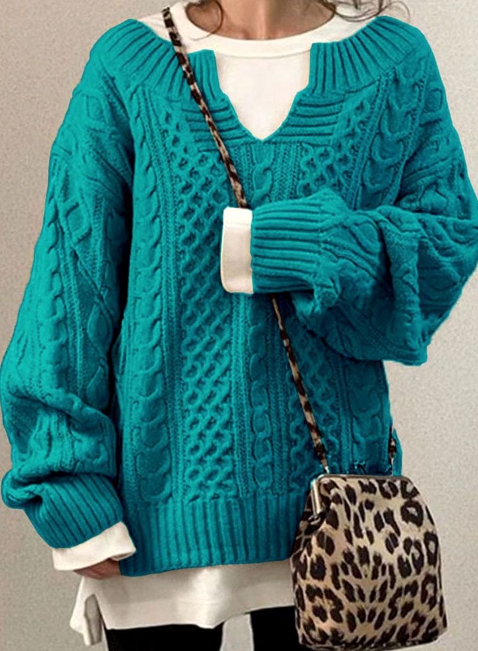 Women's Oversized Sweater V-Neck Cable Knit Long Sleeve Jumper for Winter Casual Style 6