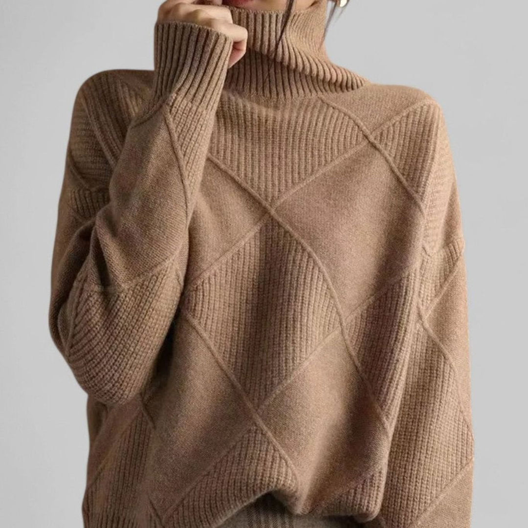 Women's Oversized Sweater, Cozy Turtleneck, Diamond-Knit Design, Long Sleeve, Perfect for Winter Layering 1