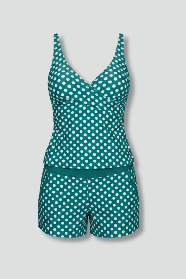 Women’s Polka Dot Tankini Swimsuit Set with V-Neck Tank Top and Mid-Rise Shorts 1