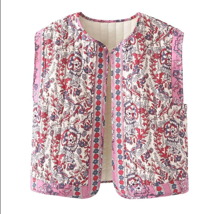 Women's Quilted Floral Vest with Side Pockets for Transitional Seasons 0
